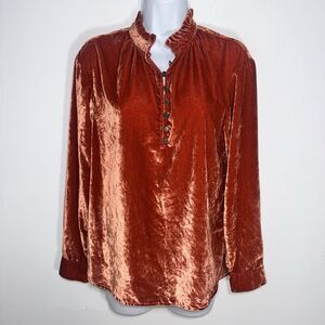 Anthropologie Kristianne Velvet Ruffled High Neck Button Blouse Burnt Orange XS